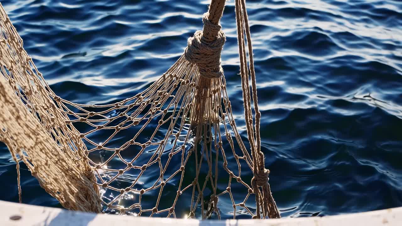 Video ravvicinato di una rete da pesca sospesa su acqua blu profonda, ripreso dall'alto