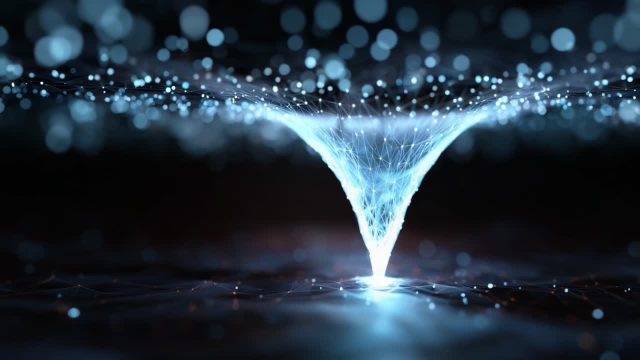 Una straordinaria visualizzazione di un vortice in movimento in un ambiente scuro, pieno di particelle luminose ed effetti di luce, che cattura l'essenza del movimento e dell'energia