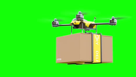 drone yellow color delivery parcel. animation loop on green screen.