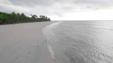 Volando-Sobre-La-Orilla-De-La-Playa-De-Arena-En-El-Parque-Nacional-Daintree-En-El-Extremo-Norte-De-Queensland,-Australia---Disparo-De-Drones