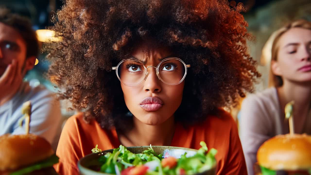 A woman with curly hair and glasses looks frustrated while seated at a table filled with bowls of salads and burgers, surrounded by friends in a casual dining setting