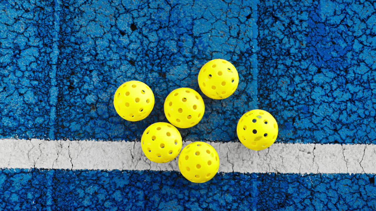 Yellow pickleball balls standing on a blue court after rain