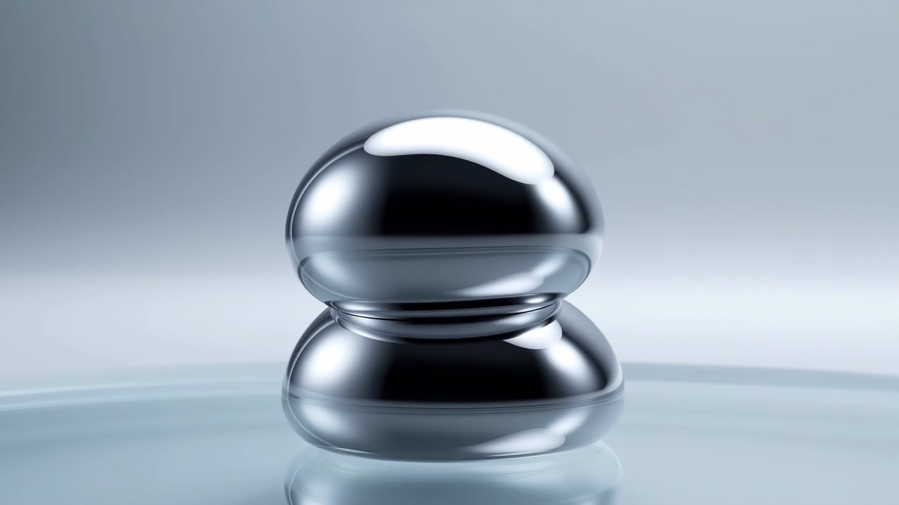 Upper mirrored orb moves downward through open space, touches lower domed form, and settles into two stacked rounded layers, with bright highlights and soft reflections on a cool minimal backdrop.