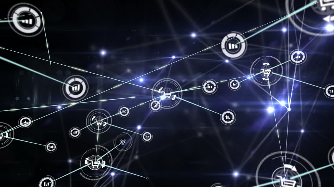 Animation of networks of connections with icons on black background