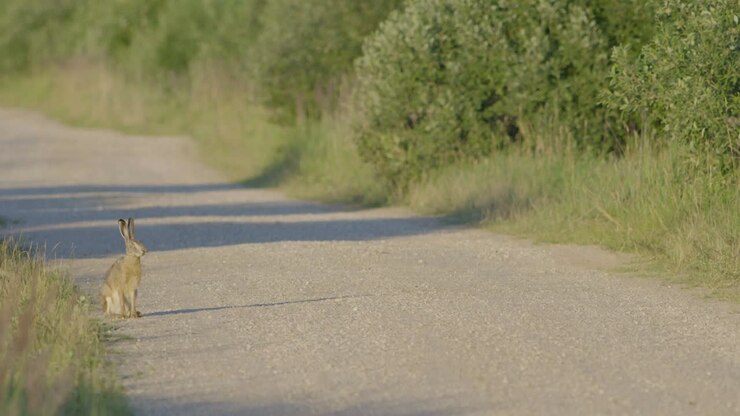 Lepre selvatica che corre e mangia sulla strada in slow motion, con grandi occhi
