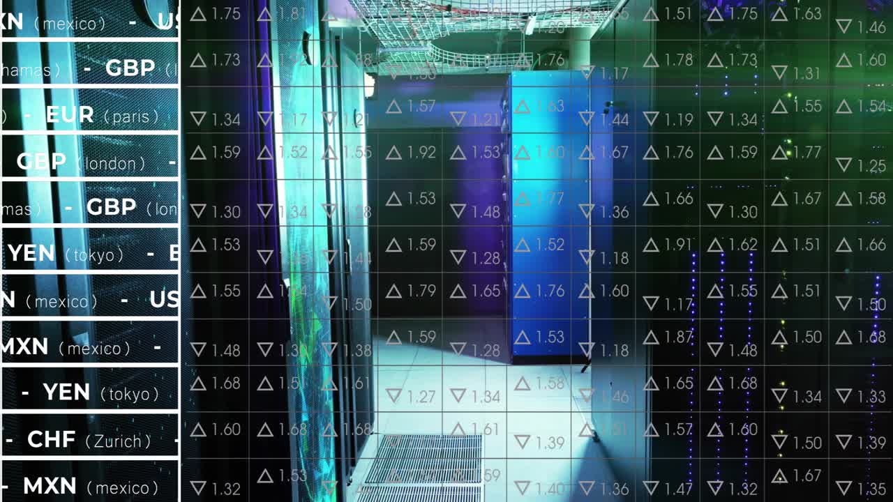 Vertical video: Updating market overlay showing FX rates over server corridor pulsing blue panel