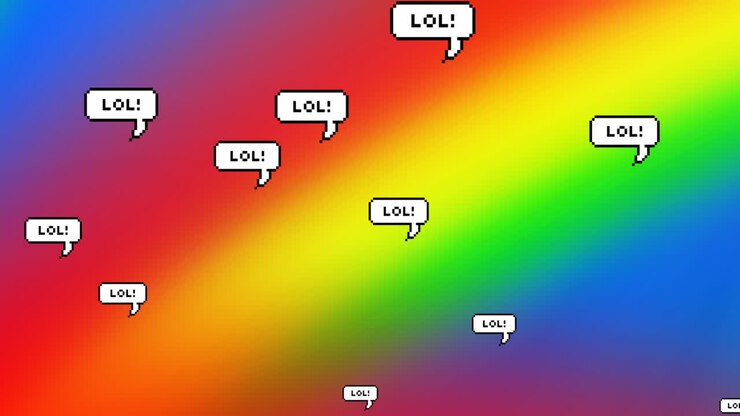 Digital animation of multiple speech bubbles with lol text floating against rainbow background