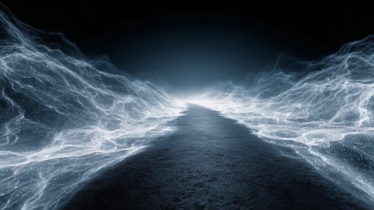 A mesmerizing visual of an ethereal pathway illuminated by luminous waves, creating an otherworldly journey between the realms of light and shadow