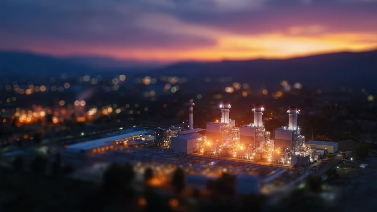 Une vue imprenable au coucher du soleil d’une grande centrale électrique industrielle, mettant en valeur des cheminées et des structures illuminées sur fond de ciel éclatant, signalant la fin de la journée.