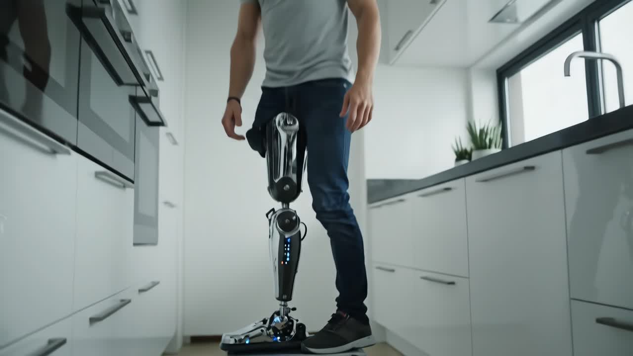 Man with prosthetic leg in modern kitchen