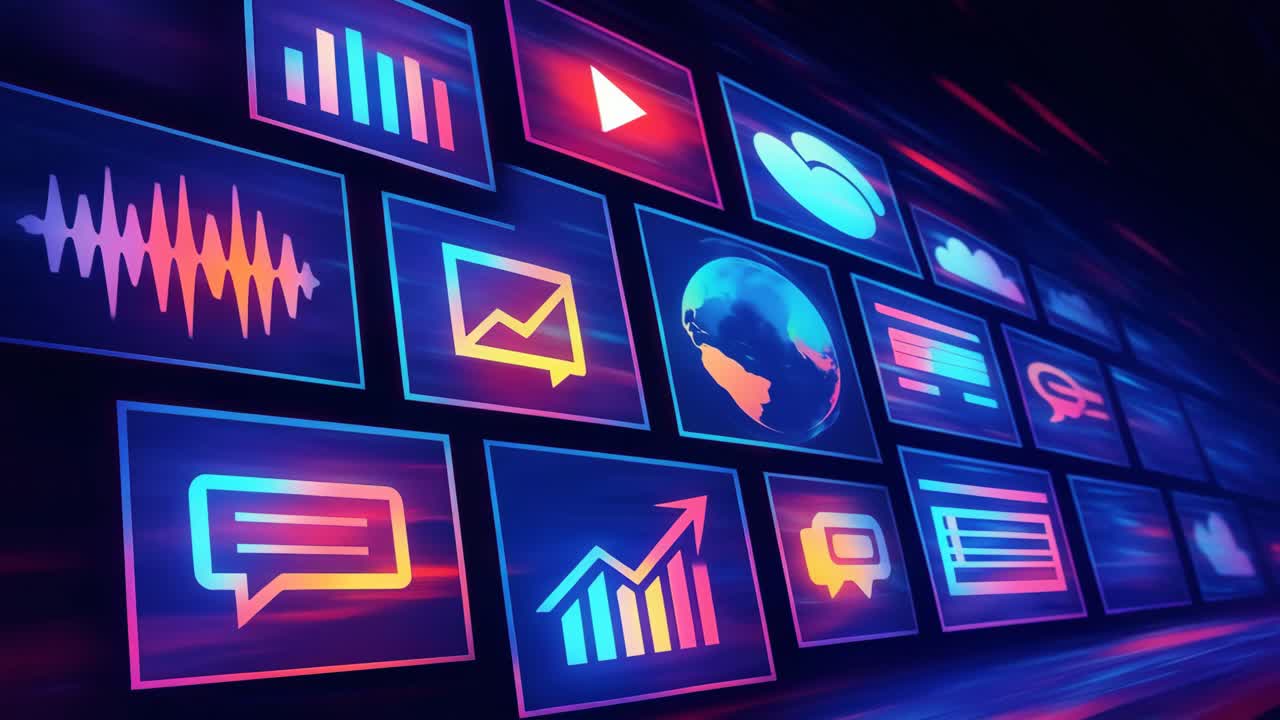 Dynamic video wall with vibrant digital icons, angled in perspective