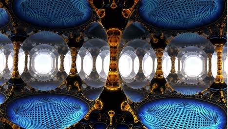 A-vertical-animation-of-an-abstract-room-filled-with-blue-circles-and-yellow-towers