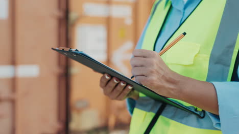 Worker Checking Documents at Shipping Container