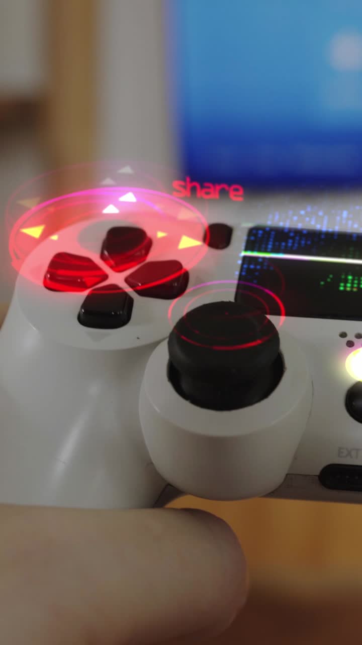 Closeup of game joystick in hands to control character in video game