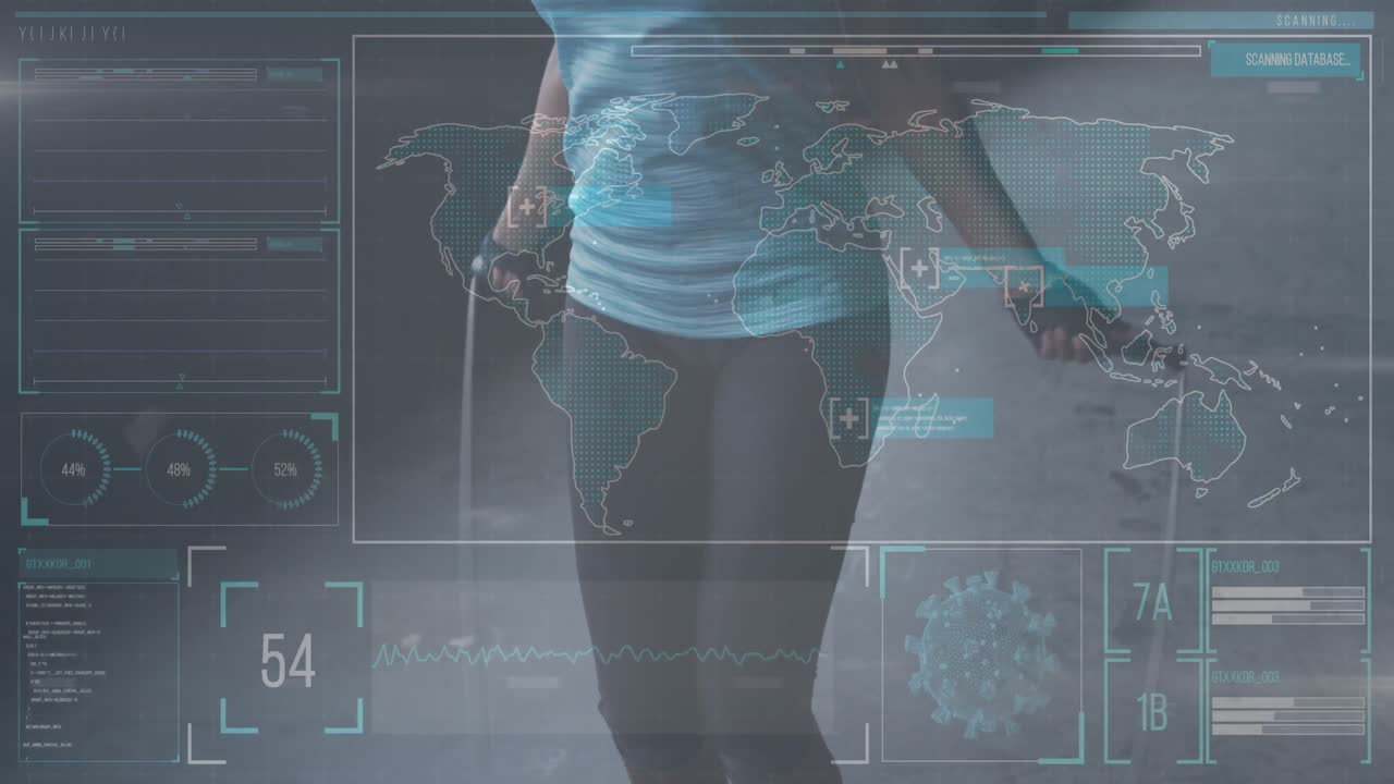 Animation of statistics and graphs over woman jumping the rope in an abandoned building