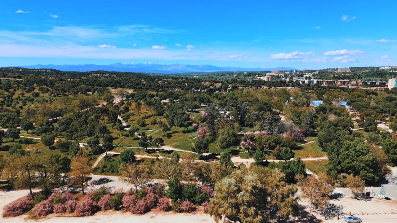 Vista aerea di Casa de Campo con area parcheggio e periferia della città.