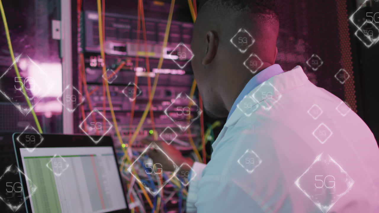 Animation of data processing over african american male it engineer and computer servers