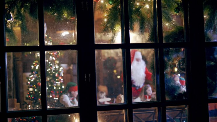 freudige atmosphäre mit weihnachtsdekorationen im inneren des hauses. aussicht von der straße in das gemütliche haus mit kindern und weihnachten, die am abend zusammen eine gute zeit haben.