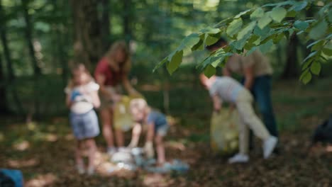 caucasian family cleaning forest from garbage.