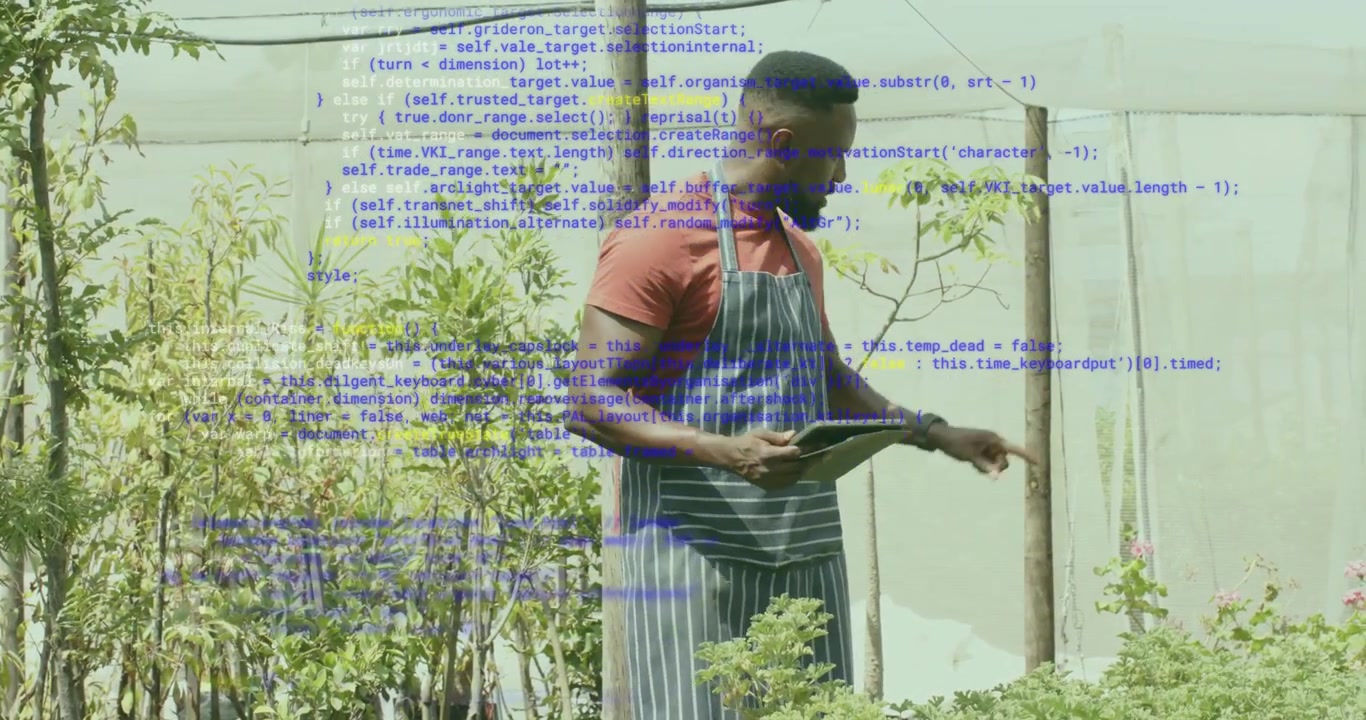 Nursery worker tapping tablet screen initiating animated health overlay monitoring seedling growth