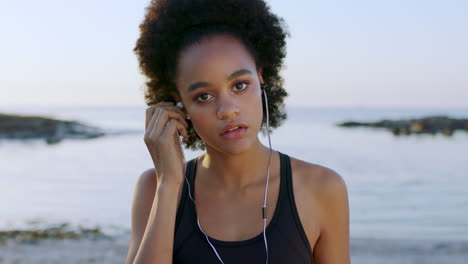 Black-woman,-exercise-and-beach-while-listening-to