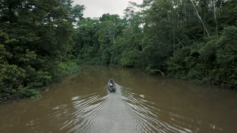 tourist sailing on a peaceful river in the amazon rainforest