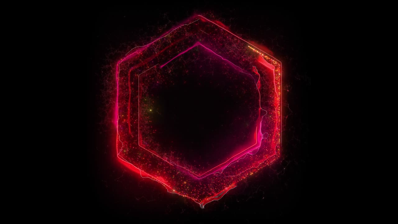 animación de un portal eléctrico hexagonal rojo que consiste en relámpagos, energía y partículas aisladas en fondo negro con alpha luma matte vfx cg 4k. puerta espacial. ciencia ficción. futurista.