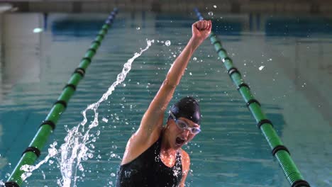 fit swimmer jumping and cheering in swimming pool