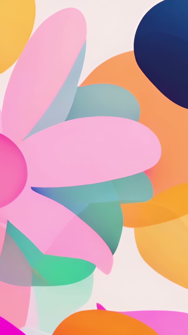 Vertical video: Starting playback showing stylized flower on beige background with colored circles