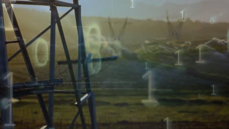 Animation-Der-Binärkodierung-über-Einer-Landschaft-Mit-Strommasten