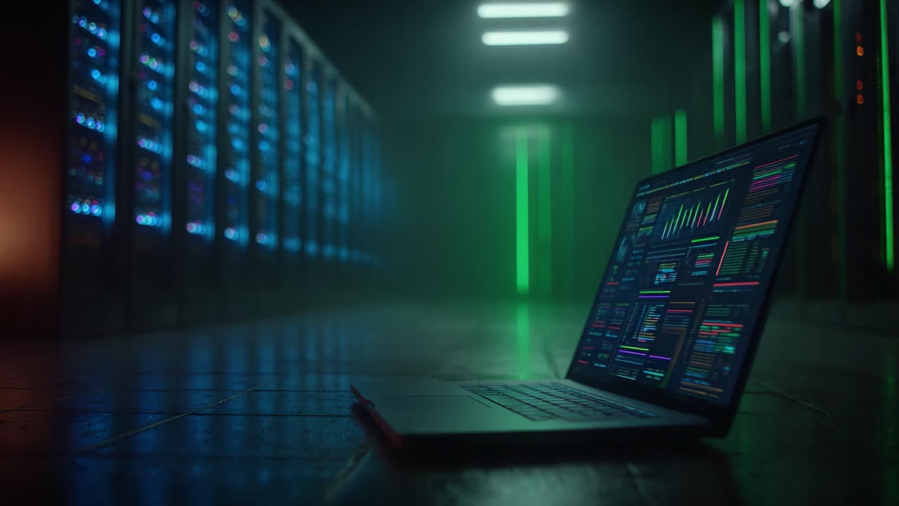 A Modern Data Center Scene: A Laptop Displaying Real-Time Analytics Amidst Rows of Server Racks and Vivid Green LED Lighting in a High-Tech Environment