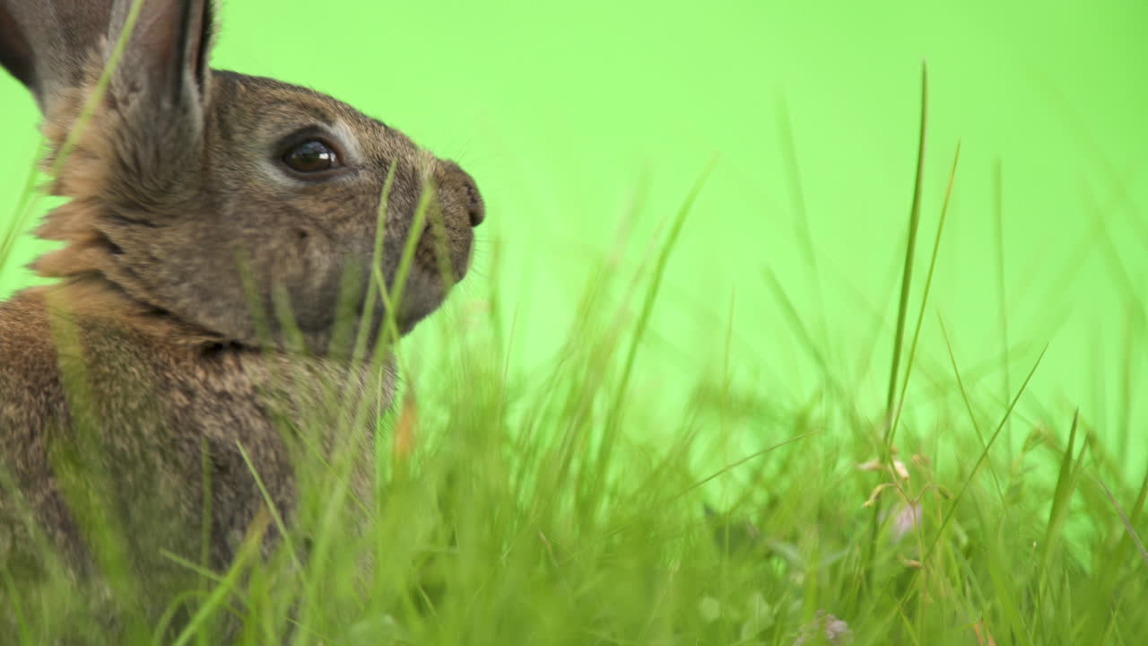 solo adorable lindo conejo doméstico peludo y difuso, liebre, liebre, con orejas altas sentado, comiendo, masticando en el campo de hojas de hierba con fondo verde, perfil de ángulo bajo de cierre estático