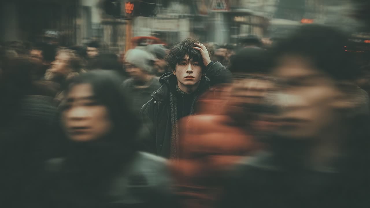 Un giovane uomo si distingue in una folla indaffarata, catturando l'isolamento e l'intensità della vita urbana tra il movimento sfocato degli abitanti della città circostanti