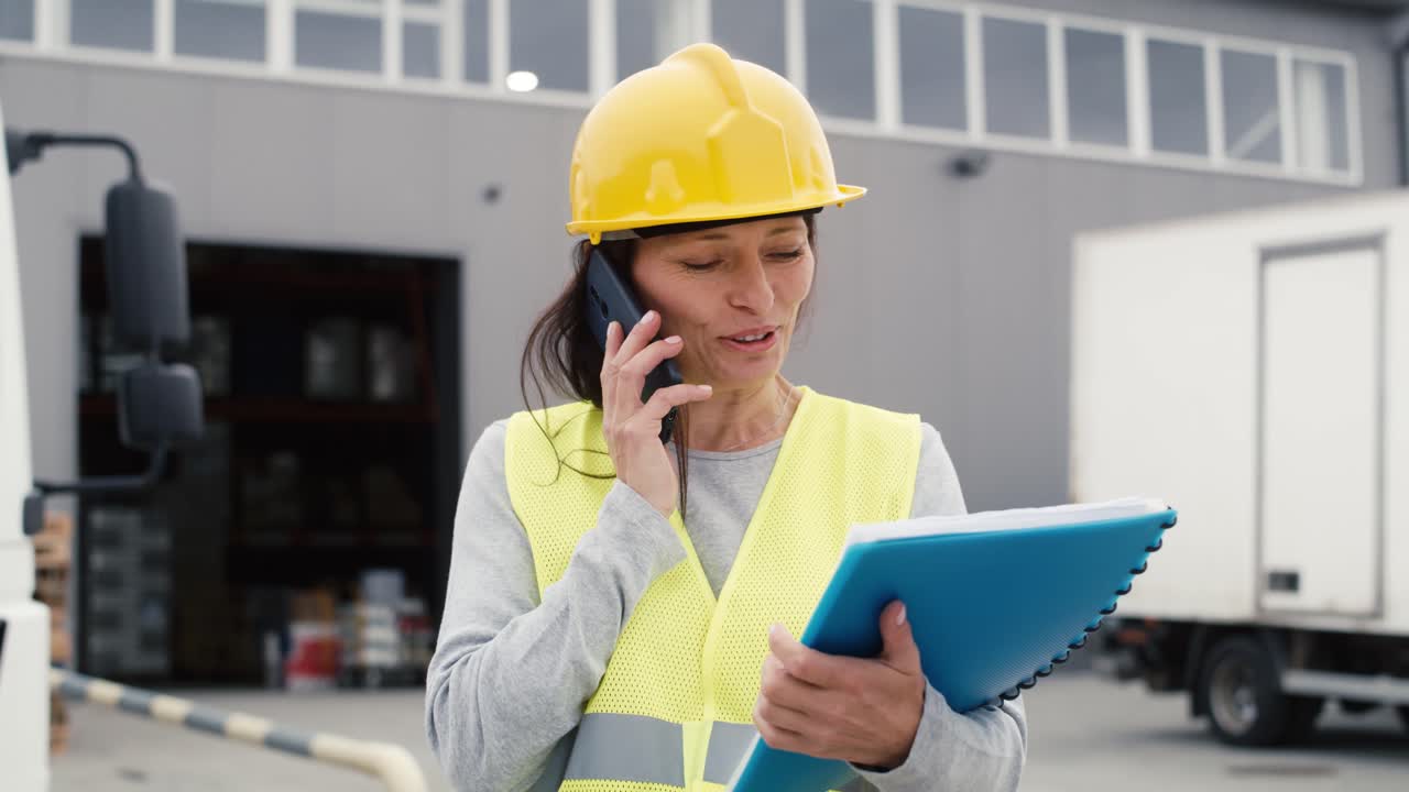 mujer caucásica frente al almacén hablando por teléfono móvil.