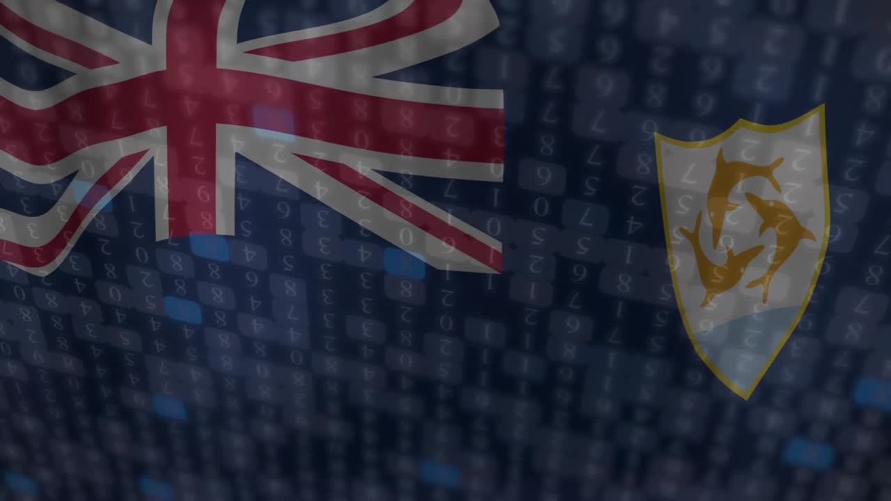Virtual breeze causing Anguilla flag rippling while digits and code streaming, visualizing matrix