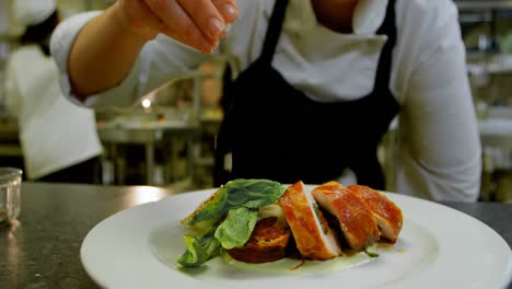 chef rociando sal en el plato en la cocina 4k