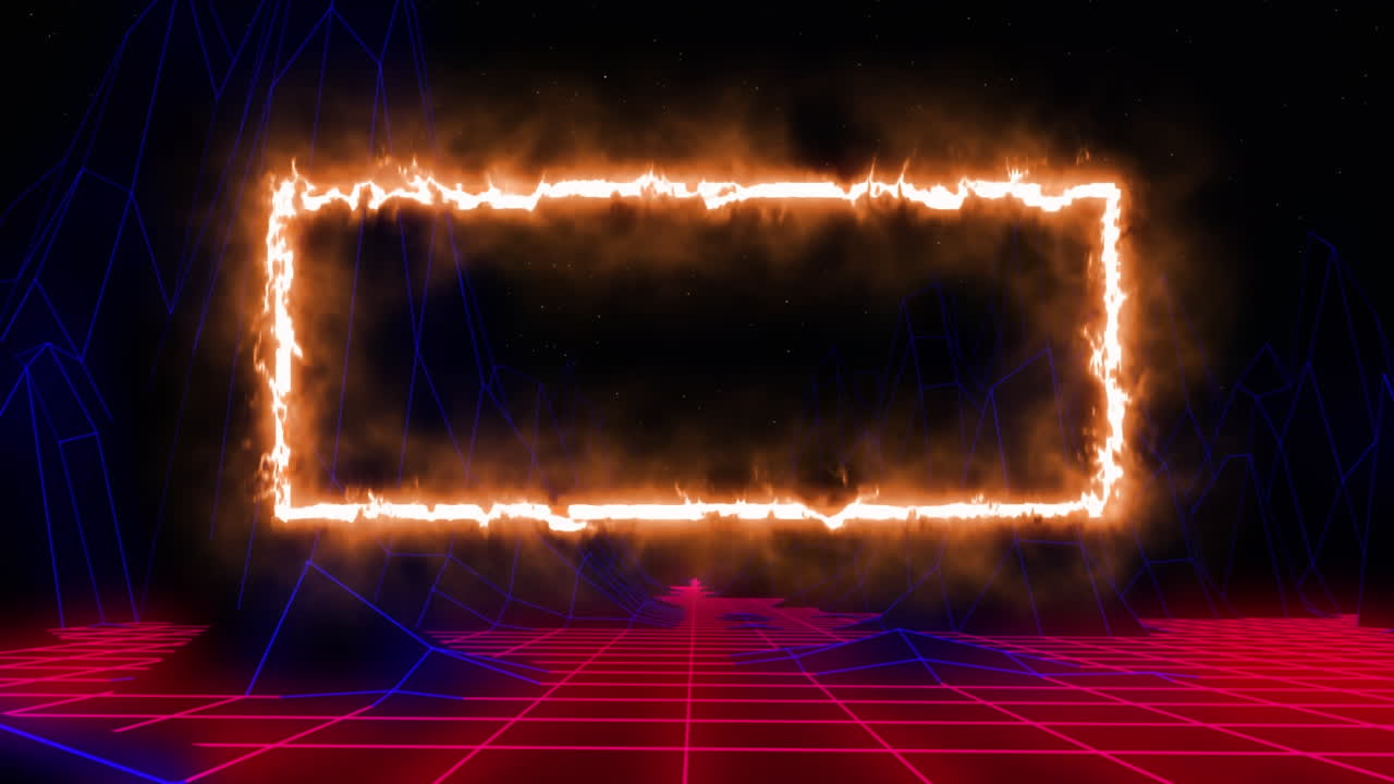 검은 바탕에 움직이는 파란색과 빨간색 격자 위에 불타는 오렌지색 직사각형 윤