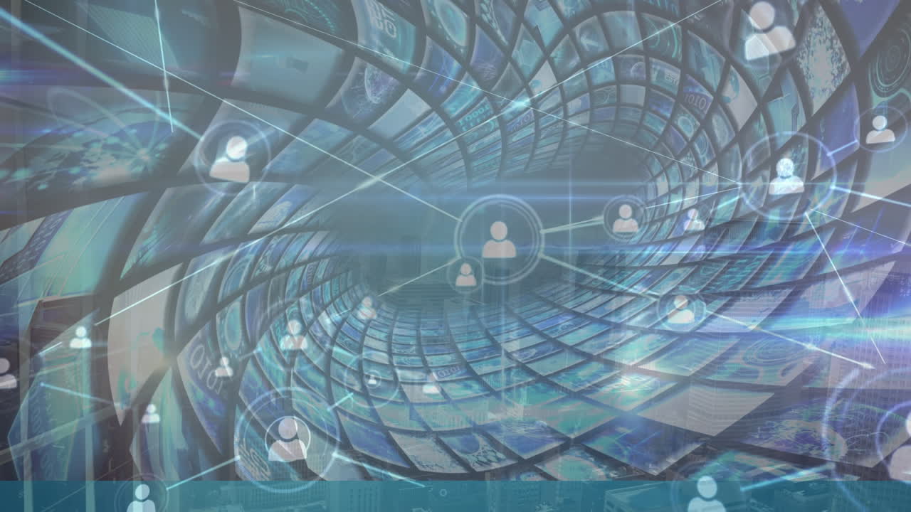 animación de conexiones en el espacio digital con pantallas