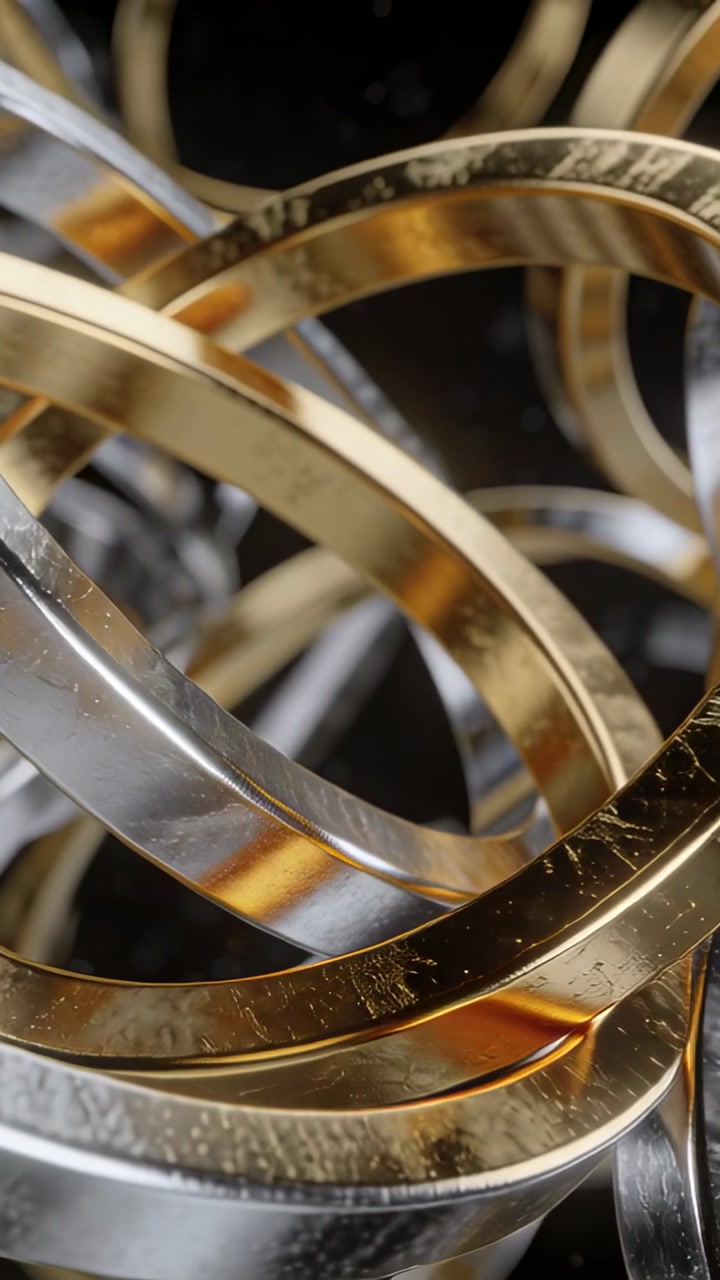 Vertical video: Camera rotating, revealing gold silver bands and showing scratches for design