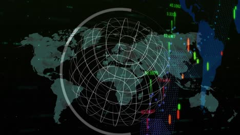 Animación-Del-Procesamiento-De-Datos-Con-Gráfico-Sobre-El-Mapa-Mundial-Y-El-Globo-Terráqueo