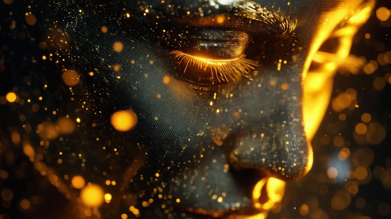 Close up of a powerful female deity's face, made of dark matter and surrounded by golden particles, opening her bright, glowing eyes and revealing her mystical and divine nature