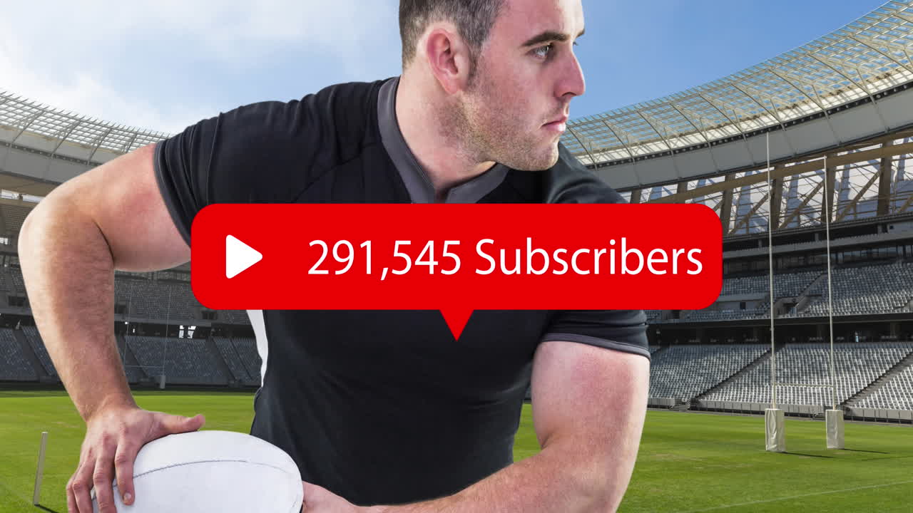 스타디움에서 공을 들고 있는 백인 남성 럭비 선수 위의 미디어 아이콘의 애니메이션