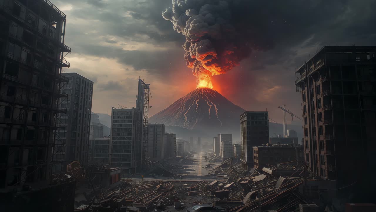 Eruzione vulcanica in una città post-apocalittica