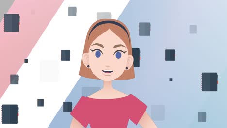 animation of woman talking over notebook icons