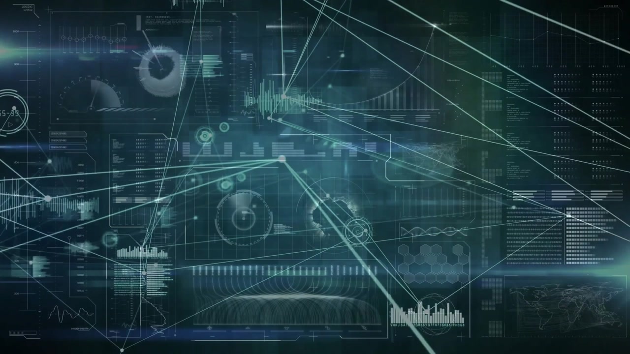 When thin white lines emerging from edges connecting nodes, digital HUD updating live data trends