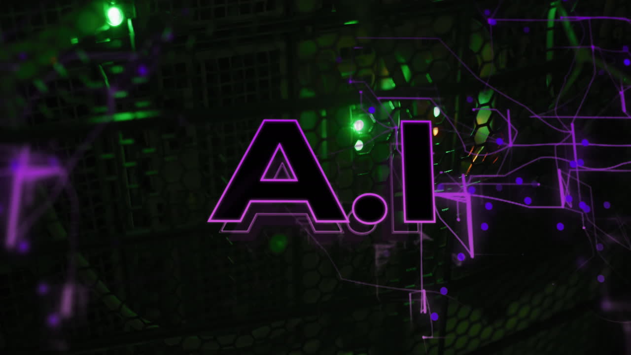 Animation of ai text and network of connections over server room