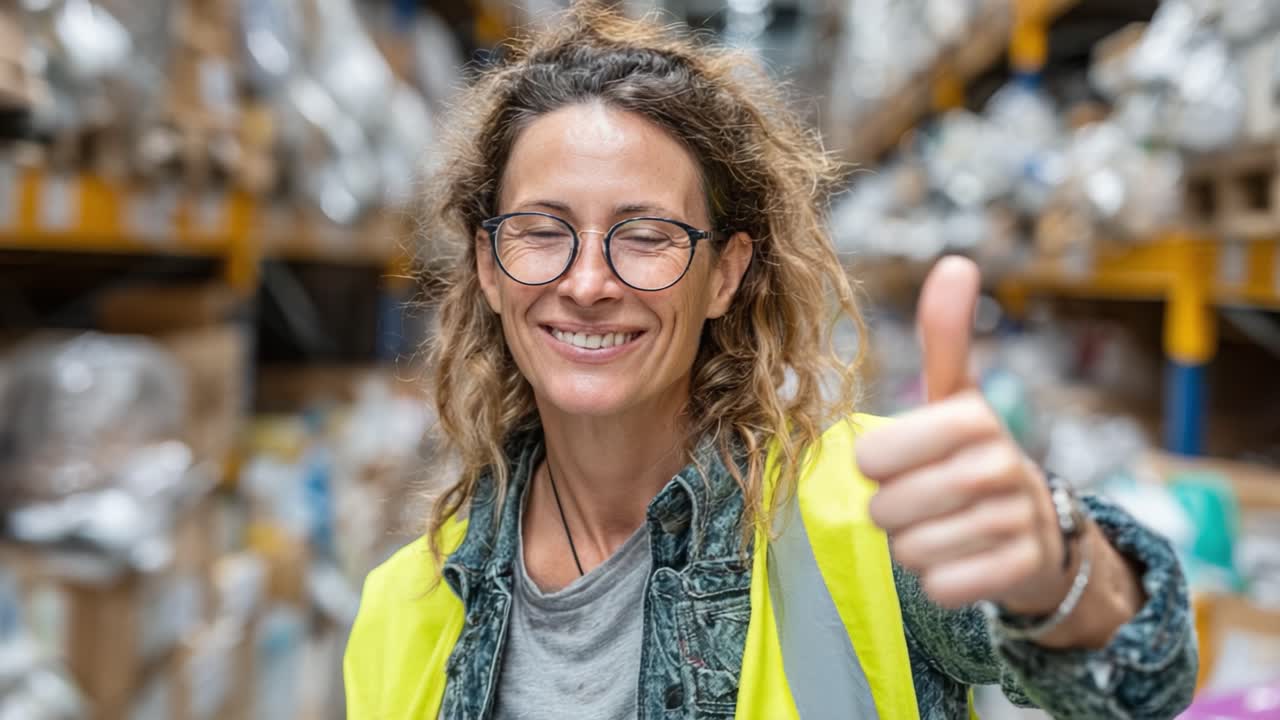A confident woman with curly hair and glasses gives a thumbs up in a busy warehouse filled with boxes and products, showcasing her positivity and professionalism in the workplace