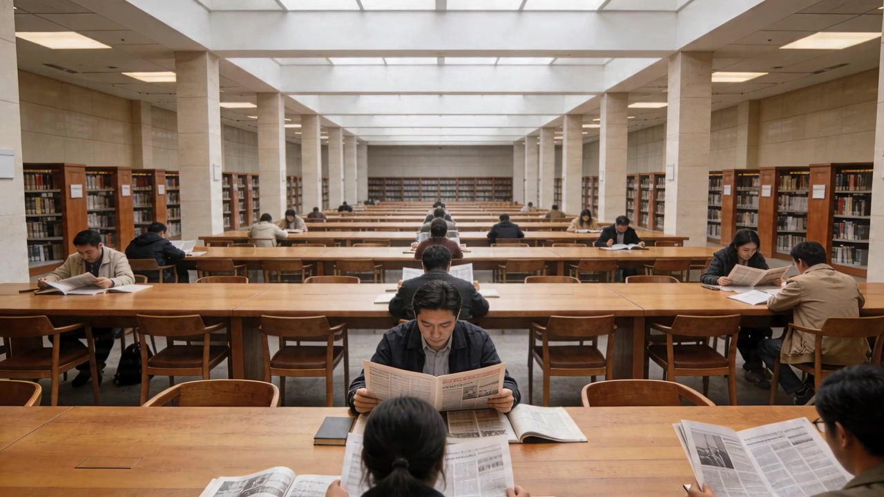 Homem de jaqueta desdobrando jornal, lendo manchetes e virando páginas em um salão de biblioteca em busca de notícias.