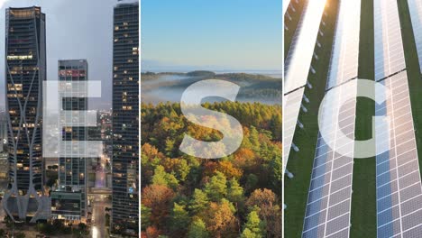 Environmental,-social,-and-corporate-governance-concept,-split-screen-modern-smart-city,-natural-unpolluted-forest-landscape-and-solar-panel-aerial-footage