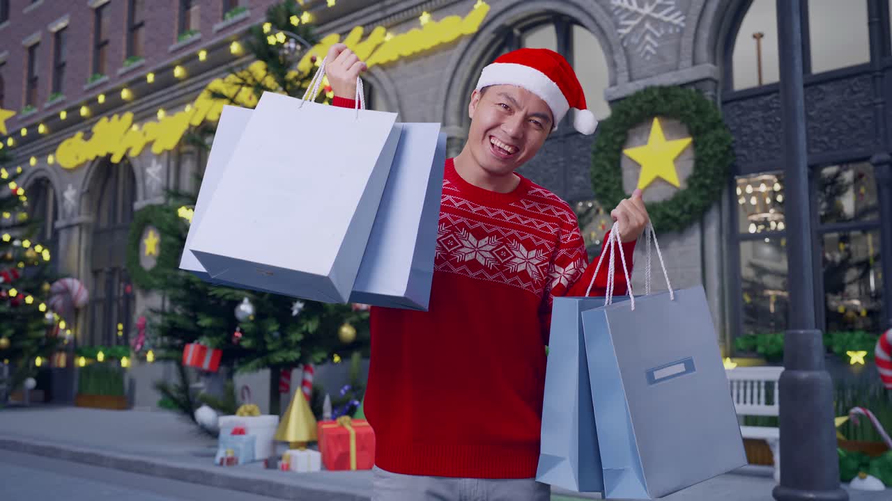 un comprador feliz con un sombrero de papá noel